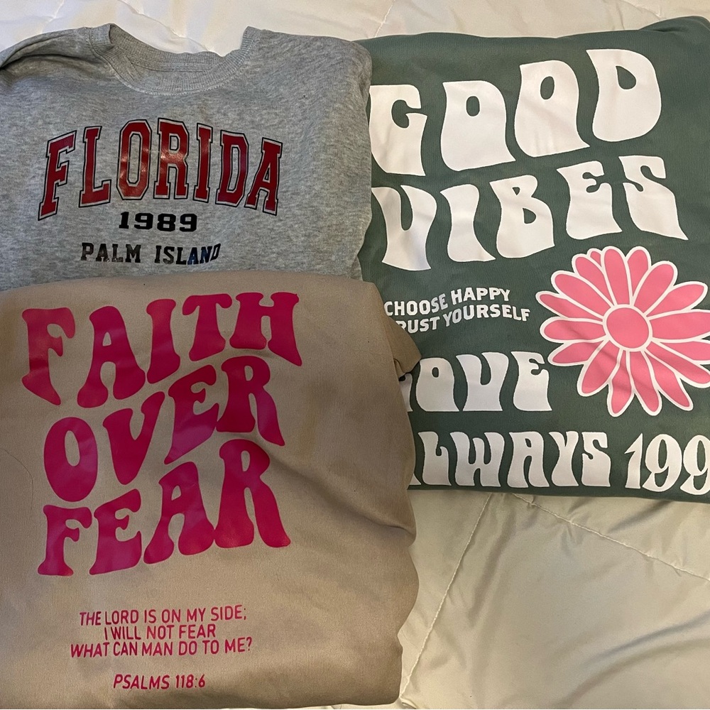Three sweatshirts- two hoodies and one crewneck.